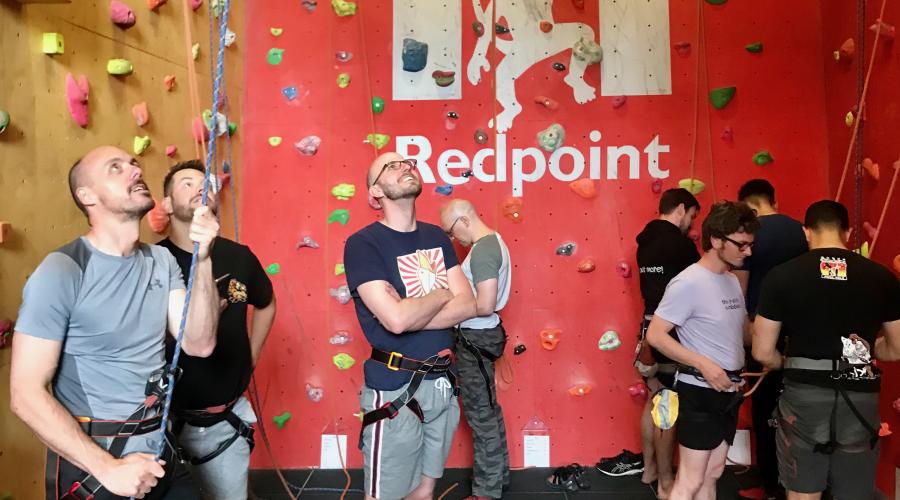 Two smiling climbers at Redpoint climbing centre