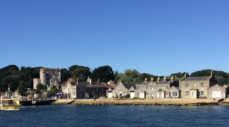 View of the Brownsea Island landing stage from the ferry in summer