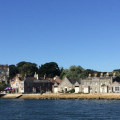 View of the Brownsea Island landing stage from the ferry in summer