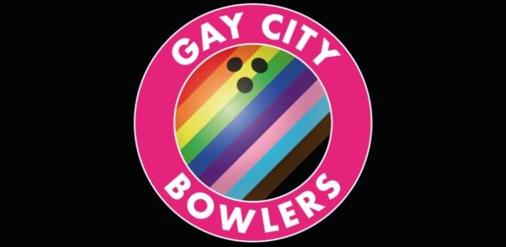 Logo for Gay City Bowlers is a circle of stripes from the progress pride flag surround by a pink circle with the words Gay City Bowlers